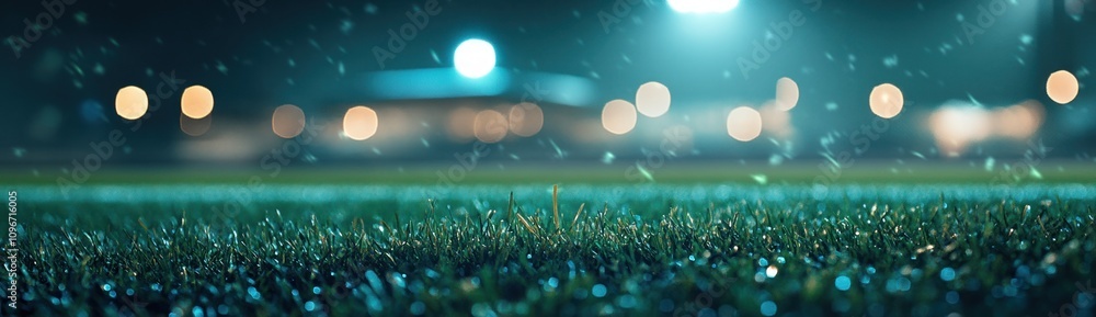 Poster a blurred view of a sports field with grass and lights in the background, suggesting a game.