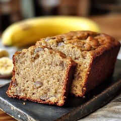 there is a loaf of bread on a cutting board with a banana