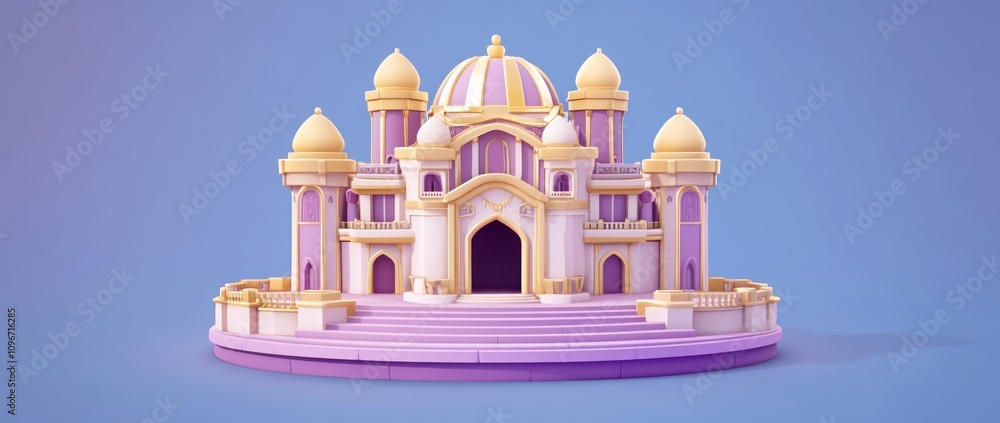 Poster a colorful, stylized palace with domes and arches set on a circular platform.