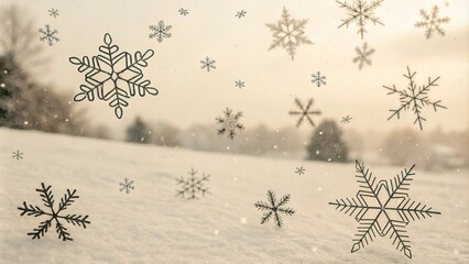 Whimsical hand-drawn snowflake illustrations scattered across a cream-colored background with soft focus, watercolor effect, delicate lines