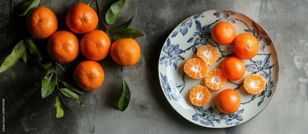 Poster fresh tangerines arranged on a decorative plate and tabletop with deep background colors showcasing 