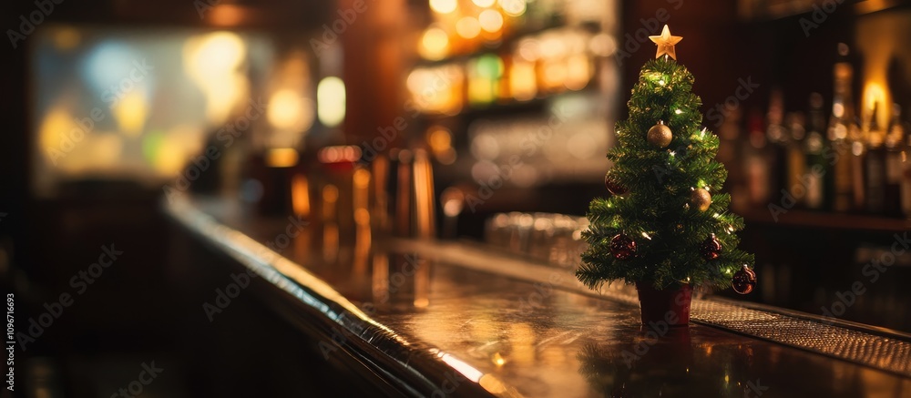 Poster Festive small Christmas tree on a bar counter illuminated with soft lights creating a warm holiday atmosphere in a cozy setting