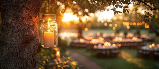 Mason jar candle hanging from a tree at a romantic outdoor wedding setting during sunset elegant decoration ambiance