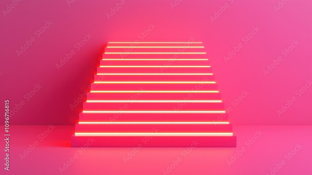 Poster goal setting 2025 achievements challenges concepts. a vibrant pink background features a staircase m