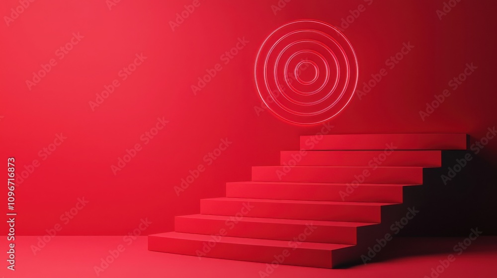 Poster goal setting 2025 achievements challenges concepts. a striking red backdrop features a set of stairs