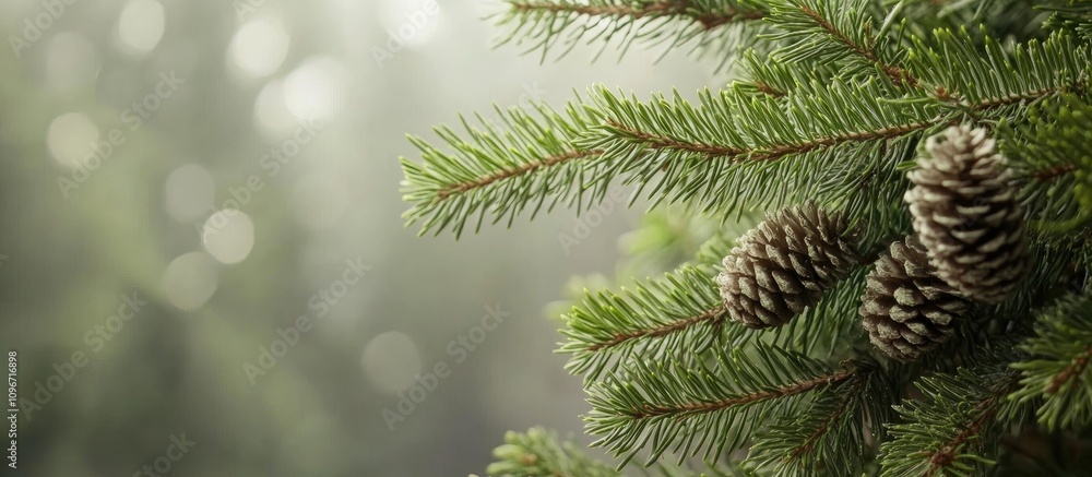 Poster spruce tree branches with green cones in a festive backdrop creating a serene atmosphere perfect for