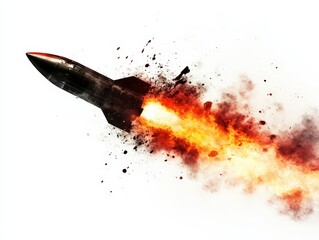 Fiery Rocket Launch Against White Background