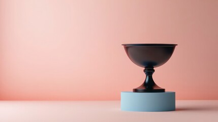 Goal setting 2025 achievements challenges concepts. A minimalist image featuring a black trophy cup on a light blue pedestal against a soft pink background.