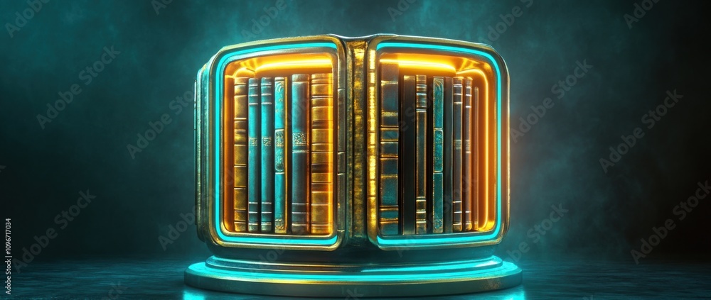 Poster A futuristic bookshelf with glowing elements and books inside.
