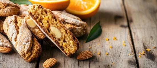 Italian almond and candied orange cantuccini biscotti arranged with fresh oranges and almonds on rustic wooden background