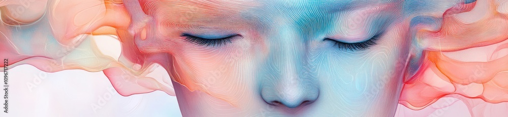 Poster a serene, abstract representation of a person's face with soft colors and ethereal elements.