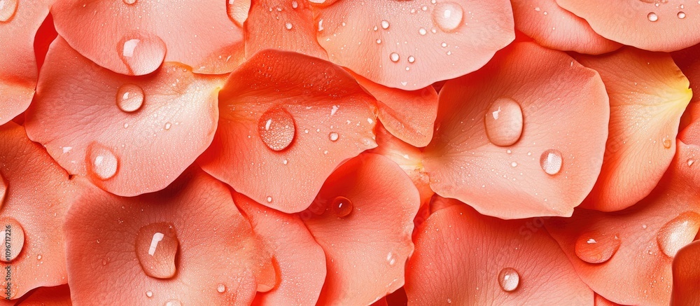 Poster delicate coral rose petals with raindrops close up creating a soft textured background ideal for flo