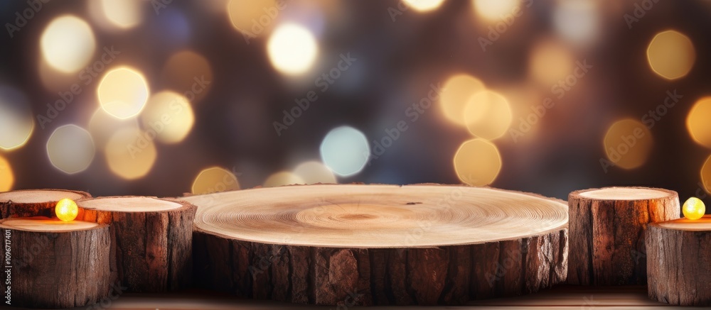 Poster wooden table from logs with blurred festive lights in background for product showcasing and design a