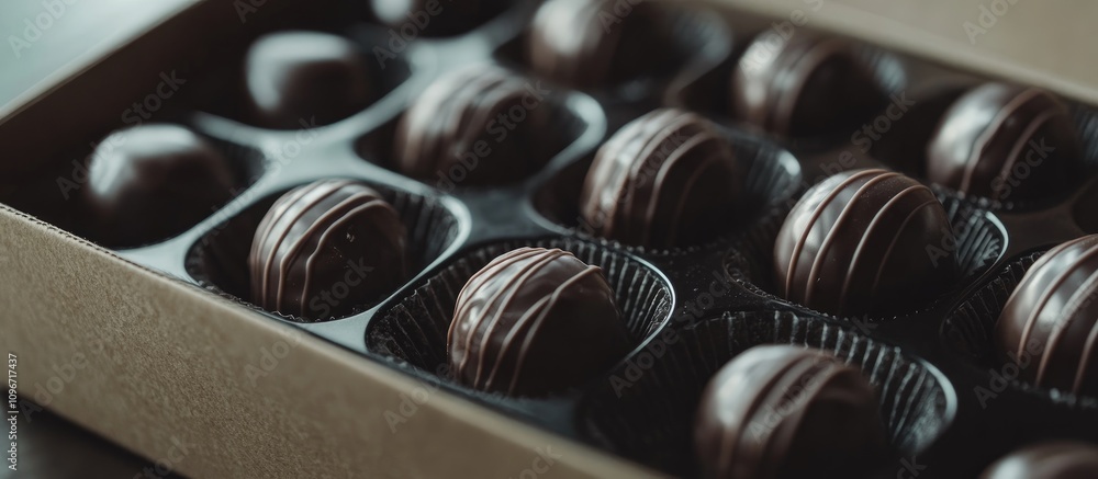 Poster assorted gourmet chocolate truffles in a cardboard box with shallow depth of field showcasing rich t