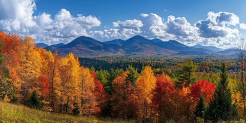 Fototapeta premium A wide shot of a natural landscape in autumn, showcasing mountains in the background and vibrant trees in the foreground.