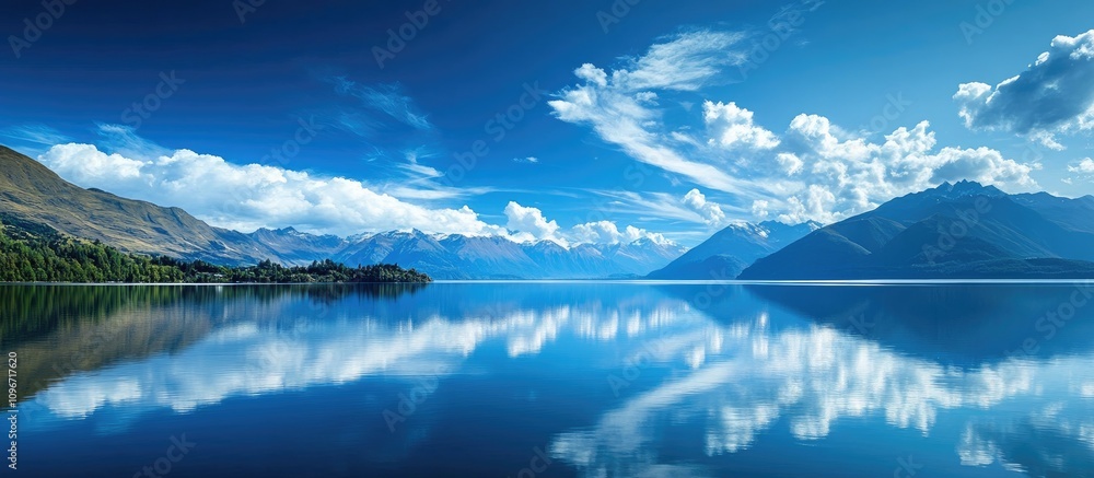 Poster scenic view of serene lake reflecting blue sky and clouds with surrounding mountains in the backgrou