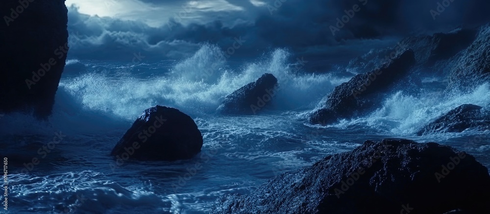 Poster dramatic ocean waves crashing against rugged rocks under a moody sky creating a powerful and dynamic
