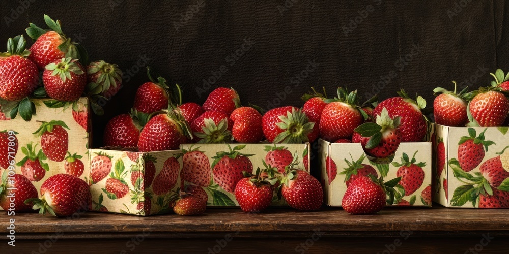 Poster A vibrant display of strawberries in decorative boxes on a wooden surface.
