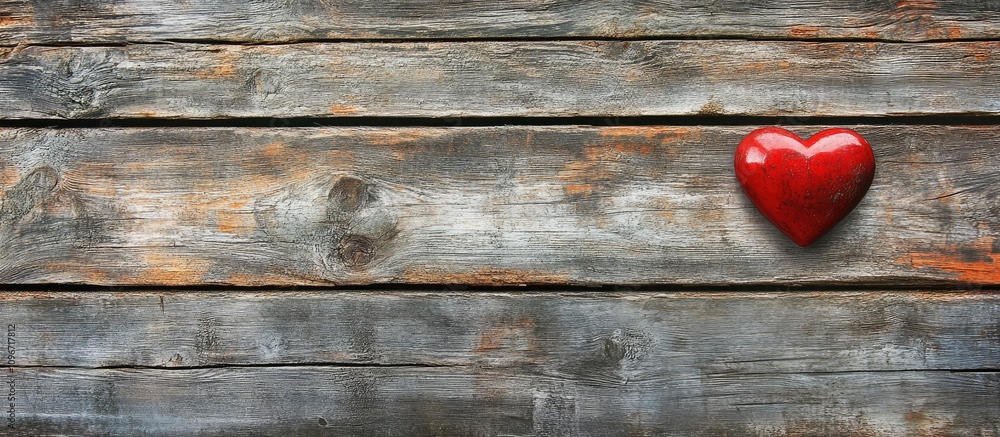 Poster red heart resting on rustic wooden surface with ample copy space for love and affection themes in de