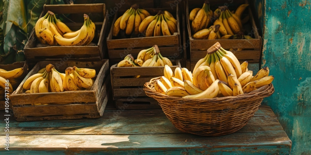 Poster a vibrant display of fresh bananas in wooden crates and a basket on a rustic table.