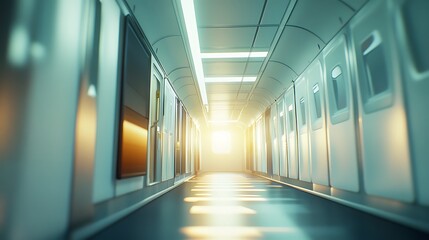 Fototapeta premium A perspective view of a brightly lit airplane aisle leading towards an exit.
