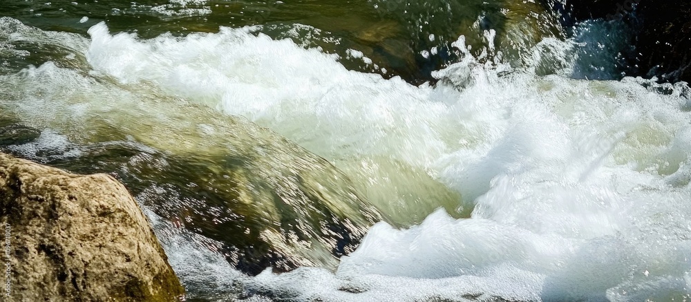 Poster dynamic river waves cascading over smooth rocks creating a serene and natural aquatic landscape with