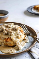 there is a plate of food with gravy and biscuits on it