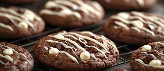 Delicious chocolate peppermint cookies with white chocolate drizzle on a cooling rack perfect for festive treats and dessert recipes