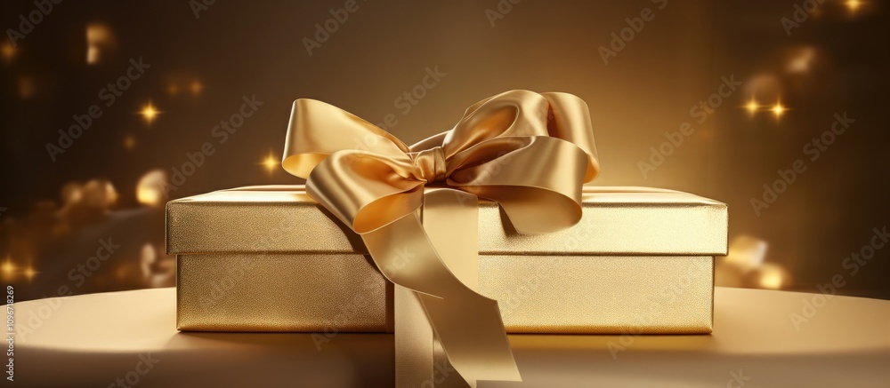 Aufkleber elegant golden gift box with a shimmering bow displayed on a round tray against a soft bokeh backgro