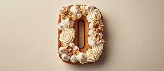 Honey cake shaped like number zero elegantly adorned with cream cheese frosting meringue details and gourmet decorations on neutral background