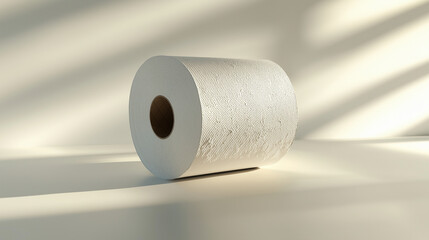 Toilet paper roll with textured surface on light background.