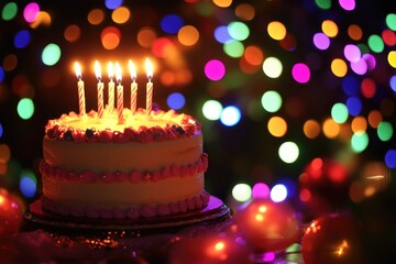 A sweet and celebratory moment with a birthday cake and lit candles on a table