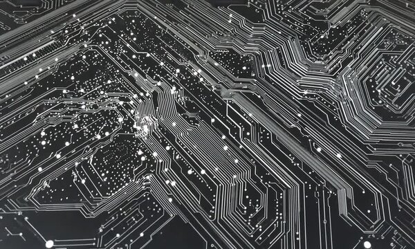 Abstract close-up of a circuit board with intricate lines and dots, illustrating technology design