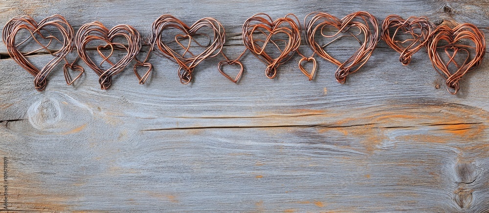 Poster twisted wire heart shapes create a charming border against a rustic wood background with ample copy 