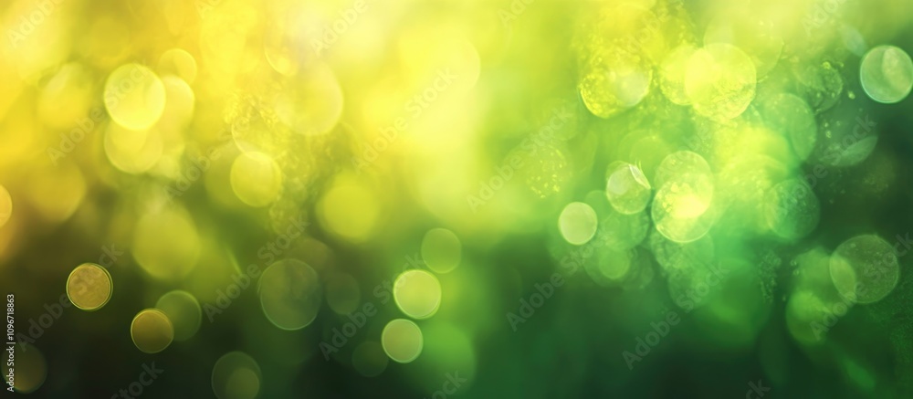 Poster vibrant green and yellow abstract bokeh background with soft light blurred spots creating a serene a