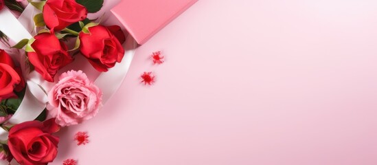 Colorful wrapping paper and festive flowers on pink background for handmade gifts with roses and blank space for customization or messages