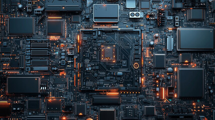 Complex circuitry and electronic components with glowing accents.