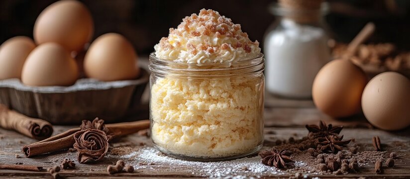 Semprong cake in a jar with ingredients eggs flour and sugar showcasing a sweet crunchy treat on a rustic wooden kitchen table