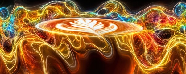 A vibrant swirl of colors surrounding a latte art design.