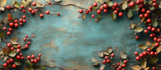 Frame of red berry branches on green textured background creating natural border design for templates and copy space use