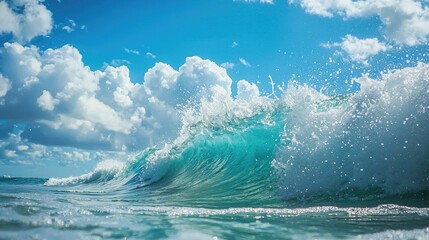 a picture of a huge light blue ocean wave cresting, from the side, bright blue sky with puffy white clouds in the background