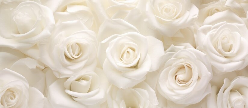 Close up of delicate white rose petals creating a serene and elegant floral background for design and decoration purposes.