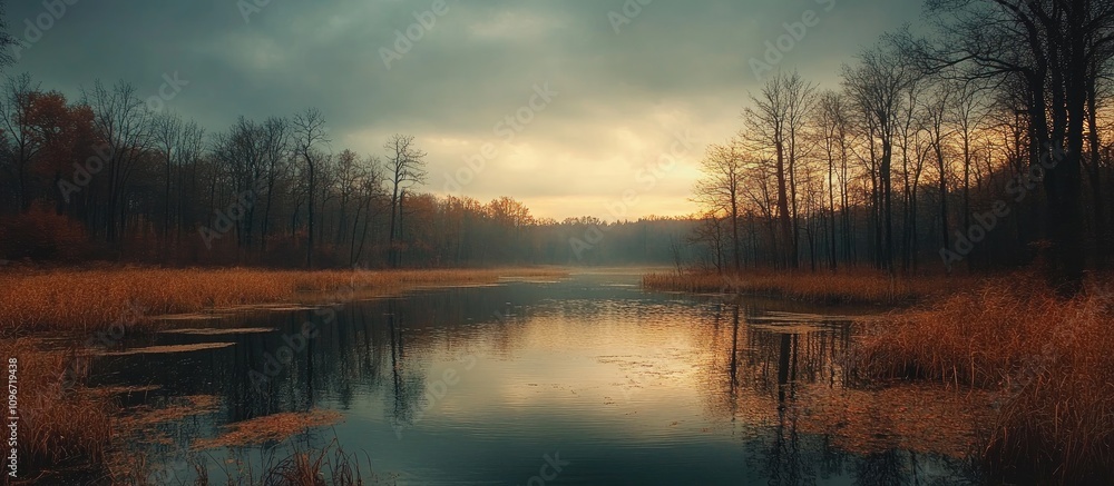 Aufkleber autumn sunset over tranquil lake with forest reflection and moody clouds creating a serene natural l