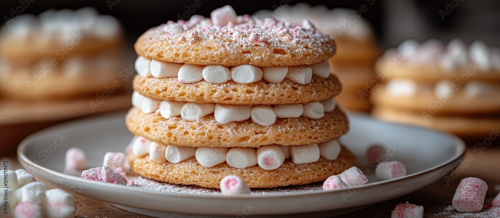 Poster delicious stack of biscuits with fluffy marshmallows and meringue on a rustic plate for a tempting d