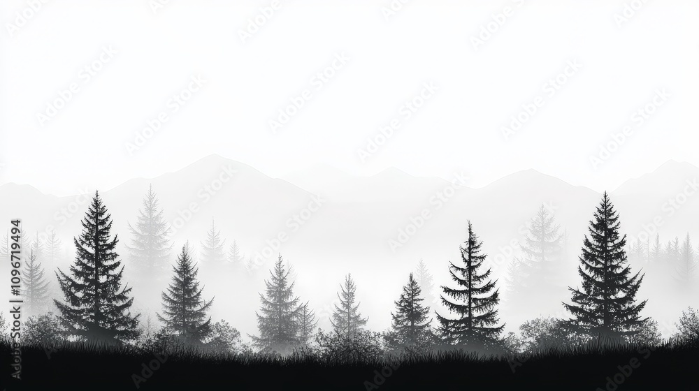Aufkleber a serene silhouette of evergreen trees against a misty backdrop, creating a tranquil and calming atm