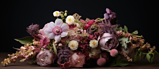 Elegant bridal bouquet featuring assorted flowers in soft pastel shades against a dark background perfect for wedding themes and floral design.