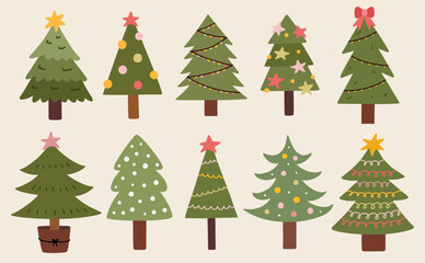 Set of cute decorated Christmas trees isolated on a white background. Vector hand-drawn flat illustration. Perfect for holiday designs, cards, decorations, logo. 
