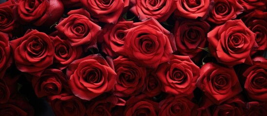 Aerial View of a Vibrant Cluster of Red Roses with Rich Petals and Green Foliage