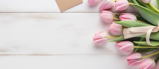 Spring tulip bouquet beside a gift box and blank card on an aged white wooden table in flat lay composition capturing festive vibes