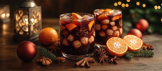 Festive Christmas gift card concept with mulled wine, tangerines, spices, and holiday decorations creating a warm seasonal atmosphere.